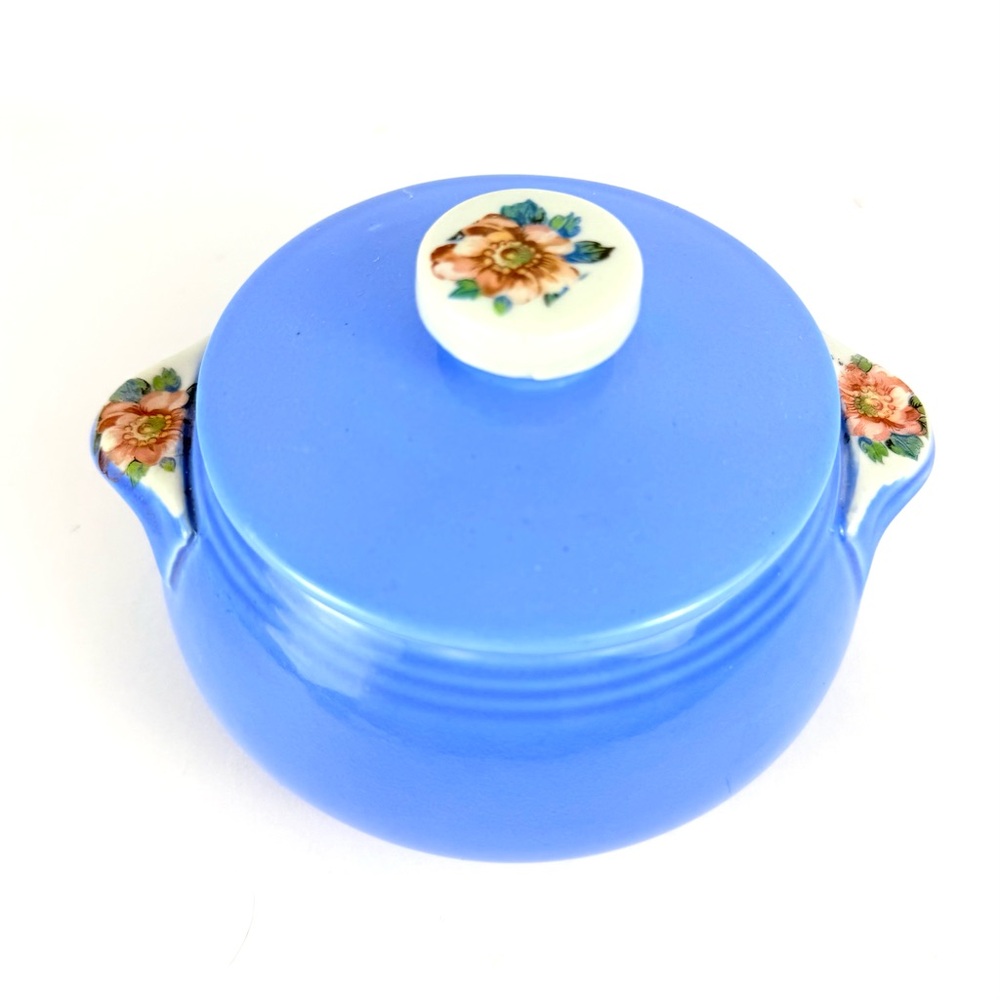 Vintage Hall's Rose Parade Round Covered Drip Jar Tab Handles USA 2 1/2" P37